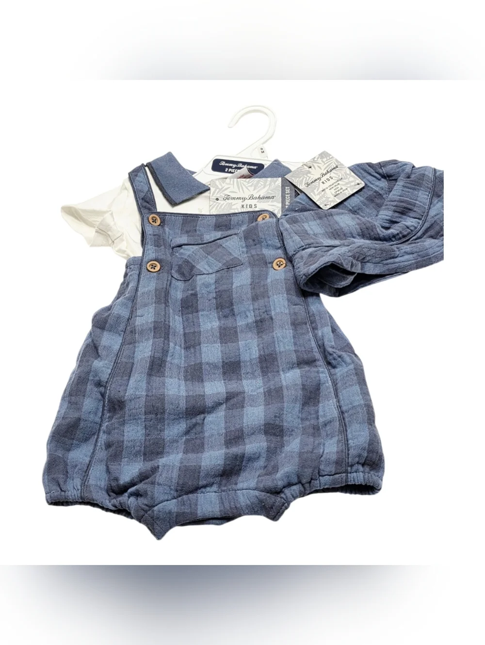 ​Tommy Bahama Kids 2-Pc Set Blue Buffalo Plaid Overalls Romper & Polo Shirt 9M